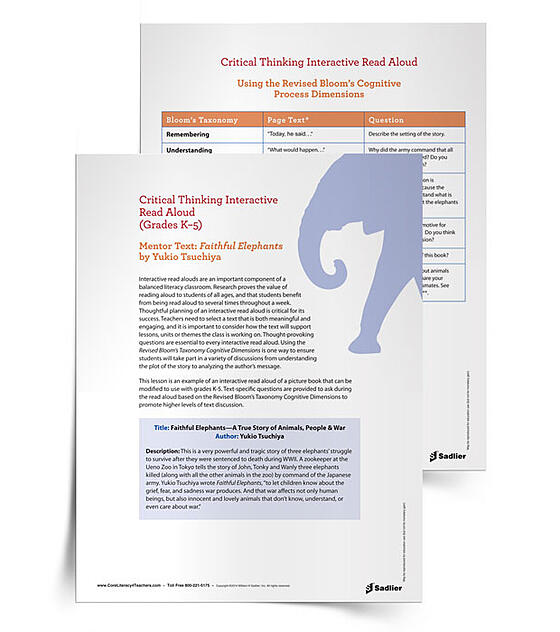 This Interactive Read Aloud Activity of Faithful Elephants by Yukio Tsuchiya provides the thought-provoking questions, essential to every interactive read aloud, and uses the Revised Bloom’s Taxonomy Cognitive Dimensions. Your students will soon be in deep discussions, ranging from plot analysis to author’s message exploration.  