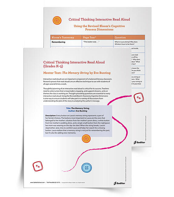 This Critical Thinking Interactive Read Aloud of The Memory String by Eve Bunting provides the thought-provoking questions, essential to every interactive read aloud, and uses the Revised Bloom’s Taxonomy Cognitive Dimensions. Your students will soon be in deep discussions, ranging from plot analysis to author’s message exploration.  