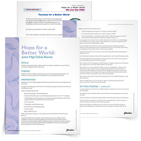Download a special retreat designed to help young people understand the seven themes of Catholic social teaching and how to integrate these into their lives. The retreat, including a leader’s guide and handouts!