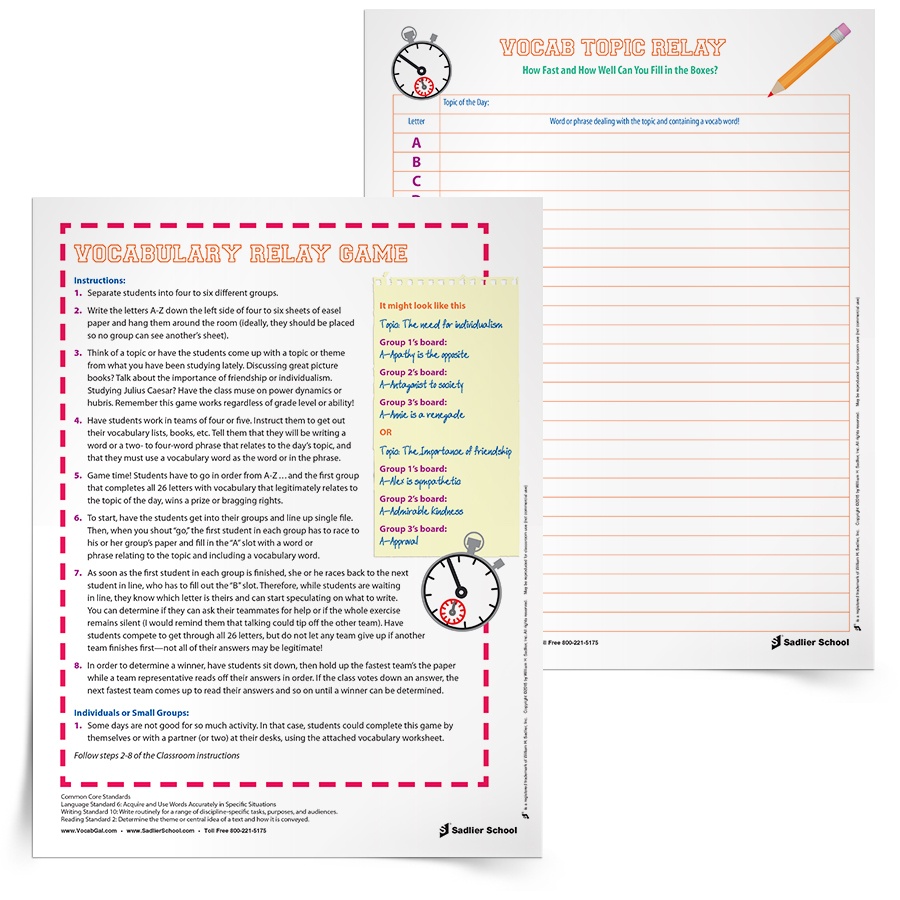 The Relay with Words Vocabulary Game gets students moving and provides vocabulary instruction indirectly through play! This interactive vocabulary game encourages students to process topics they are studying more fully, learn vocabulary and generate writing in a different atmosphere. 