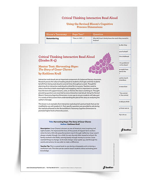 This Interactive Read Aloud Activity of Harvesting Hope: The Story of Cesar Chavez by Kathleen Krull provides the thought-provoking questions essential to every interactive read aloud. It also uses the Revised Bloom’s Taxonomy Cognitive Dimensions. Your students will soon be in deep discussions, ranging from plot analysis to author’s message exploration.  