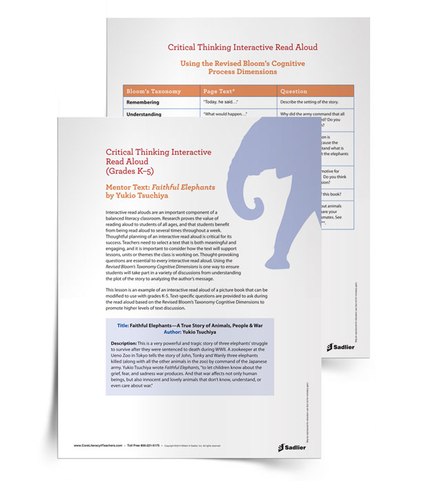 This Interactive Read Aloud Activity of Faithful Elephants by Yukio Tsuchiya provides the thought-provoking questions, essential to every interactive read aloud, and uses the Revised Bloom’s Taxonomy Cognitive Dimensions. Your students will soon be in deep discussions, ranging from plot analysis to author’s message exploration.  