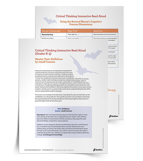 This Critical Thinking Interactive Read Aloud of Stellaluna by Janell Cannon provides the thought-provoking questions, essential to every interactive read aloud, and uses the Revised Bloom’s Taxonomy Cognitive Dimensions. Your students will soon be in deep discussions, ranging from plot analysis to author’s message exploration.  