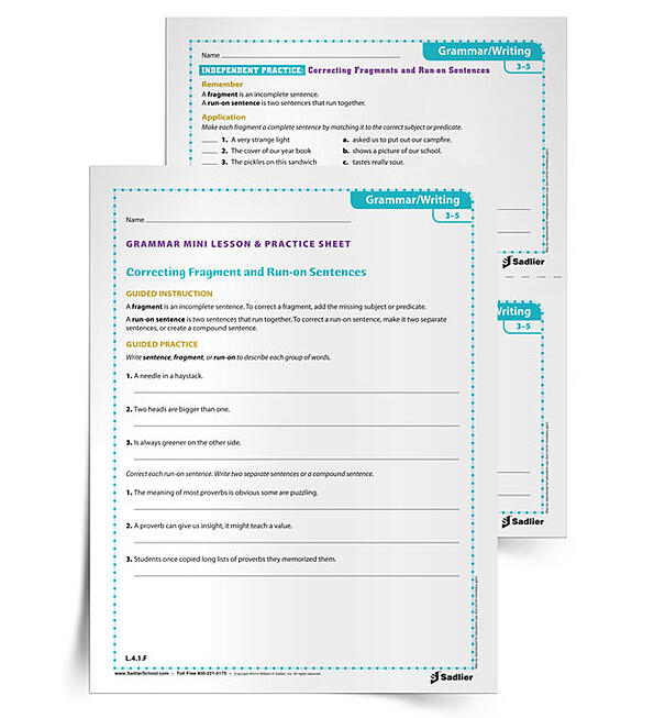 One of the main concepts that continues to appear throughout grammar and writing teachings are fragment and run-on sentences. It is extremely important to teach the basics of a complete sentence early in the development of your students’ grammar and writing skills. Use the Correcting Fragment and Run-on Sentences Grammar Worksheets, to review these important concepts with students!