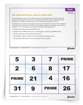 The Game of Math Factors: Four in a Row Wins!