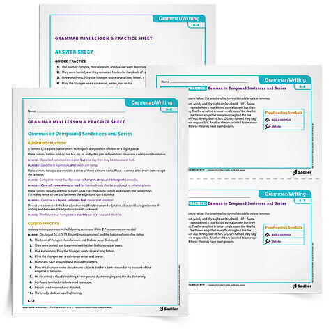 A comma is a punctuation mark that signals a separation of ideas or a slight pause. Use the Commas in Compound Sentences and Series Grammar Mini Lesson & Practice Sheet, to help students recognize instances in which to use commas.