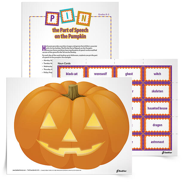 Halloween provides countless images and games that children associate with this fun holiday. The Pin the Parts of Speech on the Pumpkin game combines learning the parts of speech and a modified version of the game Pin the Tail on the Donkey.