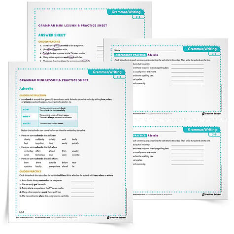 An adverb is a word that generally describes a verb. Adverbs describe verbs by telling how, when, or where an action happens. Use the Adverbs Grammar Mini Lesson & Practice Sheet to help students recognize adverbs.