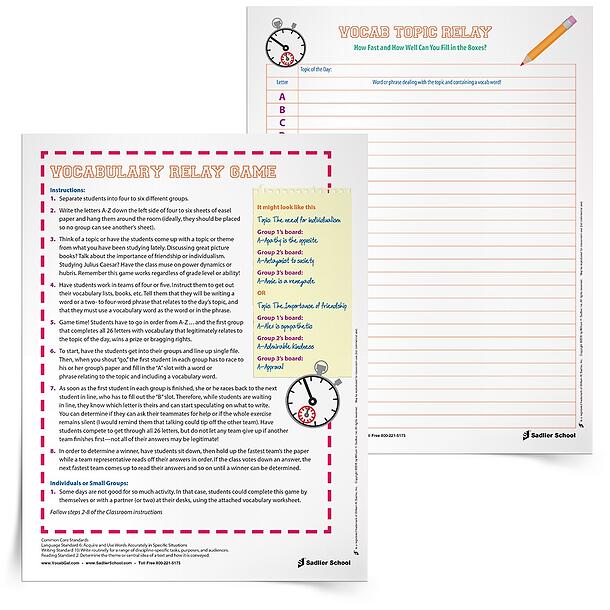 The Relay with Words Vocabulary Game gets students moving and provides vocabulary instruction indirectly through play! This interactive vocabulary game encourages students to process topics they are studying more fully, learn vocabulary and generate writing in a different atmosphere. 