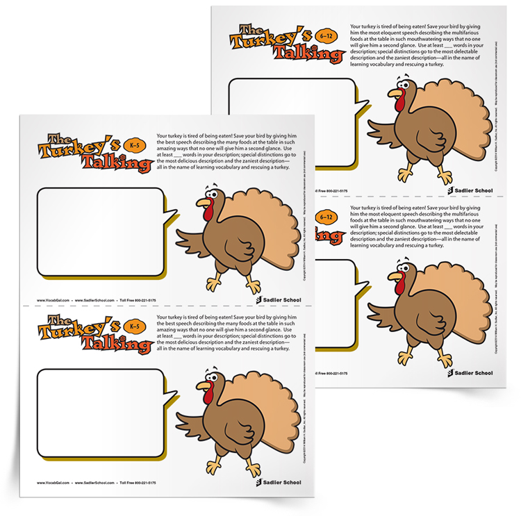 Your students’ task with The Turkey’s Talking activity is to make Mr. Turkey use as many vocabulary words as possible to describe the other dishes in the Thanksgiving feast. 