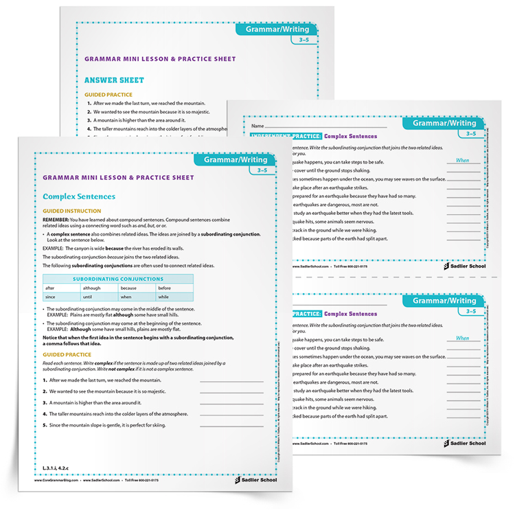 A complex sentence combines related ideas with a subordinating conjunction. Use the Complex Sentences Grammar Mini Lesson & Practice Sheet to help students begin to understand subordinating conjunctions and complex sentences. 