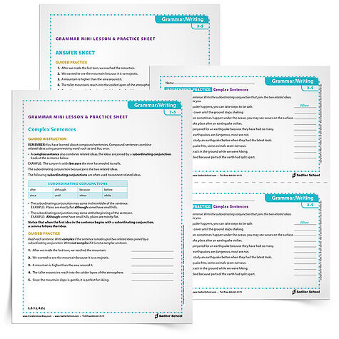 A complex sentence combines related ideas with a subordinating conjunction. Use the Complex Sentences Grammar Mini Lesson & Practice Sheet to help students begin to understand subordinating conjunctions and complex sentences. 
