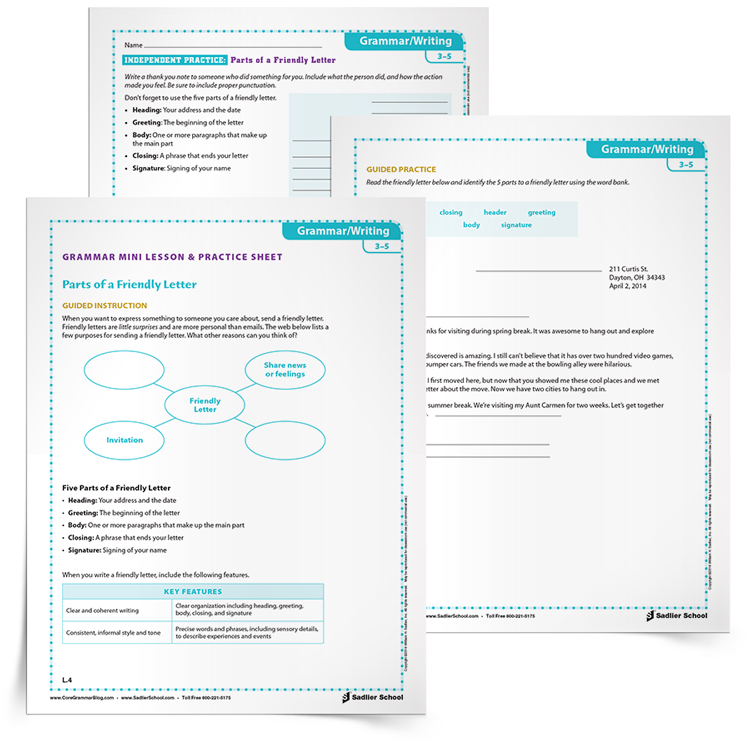 Letter writing is a skill that students of any age can apply in order to strengthen their writing and grammar skills. Use the Parts of a Friendly Letter Grammar Mini Lesson & Practice Sheet to help students learn the proper way to write a friendly letter. 