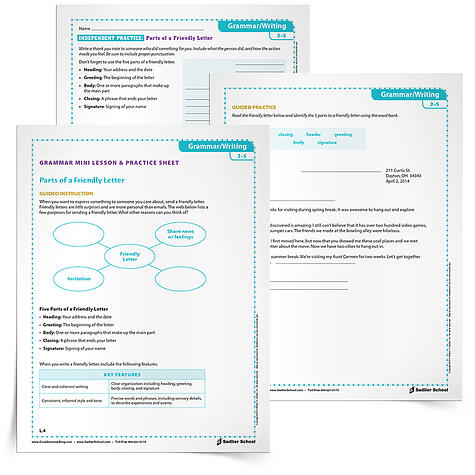 Letter writing is a skill that students of any age can apply in order to strengthen their writing and grammar skills. Use the Parts of a Friendly Letter Grammar Mini Lesson & Practice Sheet to help students learn the proper way to write a friendly letter. 
