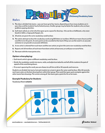 The Picabulary Vocabulary Game, similar to Hasbro® Pictionary™, is a quick and often hilarious way to review vocabulary words! Divided into teams, students have to creatively draw out vocabulary word meanings for their teammates to guess. The team with the most points wins!