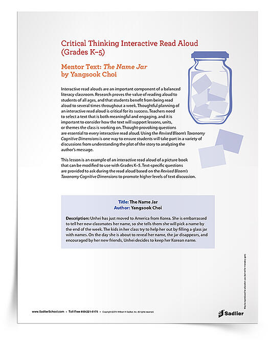 This Critical Thinking Interactive Read Aloud of The Name Jar by Yangsook Choi provides the thought-provoking questions essential to every interactive read aloud. Your students will soon be in deep discussions, ranging from plot analysis to author’s message exploration. 