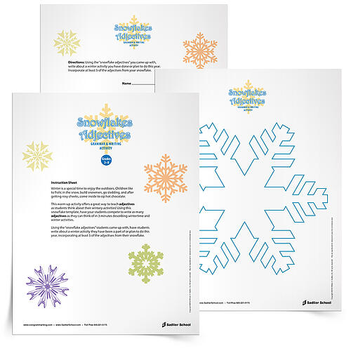 This warm-up activity offers a great way to teach adjectives as students think about wintery activities! Using this Snowflake Adjectives Activity template, have your students compete to write as many adjectives as they can think of in 3 minutes describing wintertime and winter activities. 