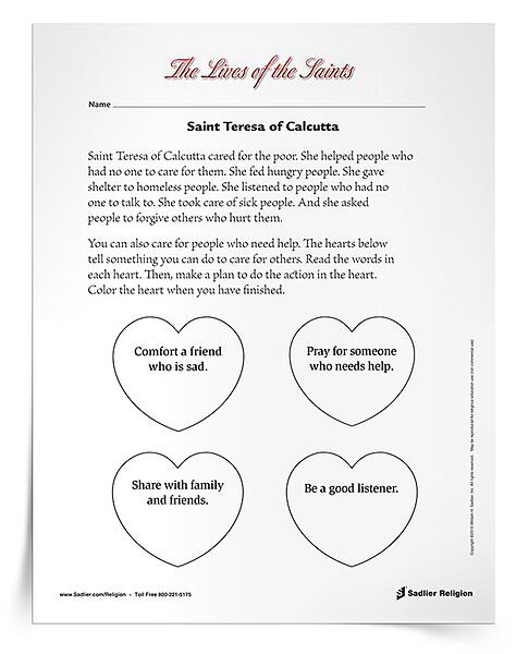 On September 5th, the Church celebrates the feast day of St Teresa of Calcutta, who devoted her life to caring for the homeless people on the streets of Calcutta. Download a primary activity or intermediate activity for Saint Teresa of Calcutta. Download available in English and Spanish.