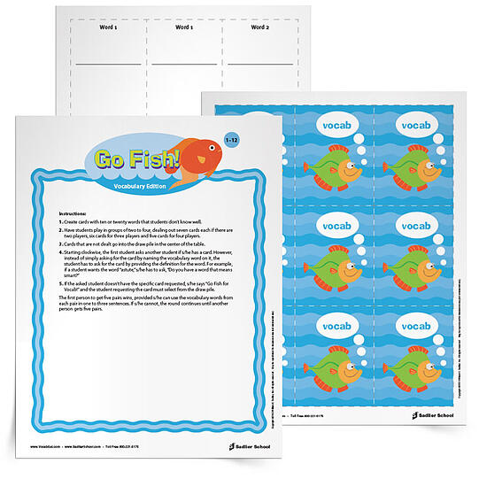 The third game on this summer list is Go Fish for Vocabulary. With this printable learners create fish cards with their vocabulary words and then play a game of “Go Fish” by asking if another player has a word with a specific definition. This is the perfect vocabulary game after a long summer swim day! 