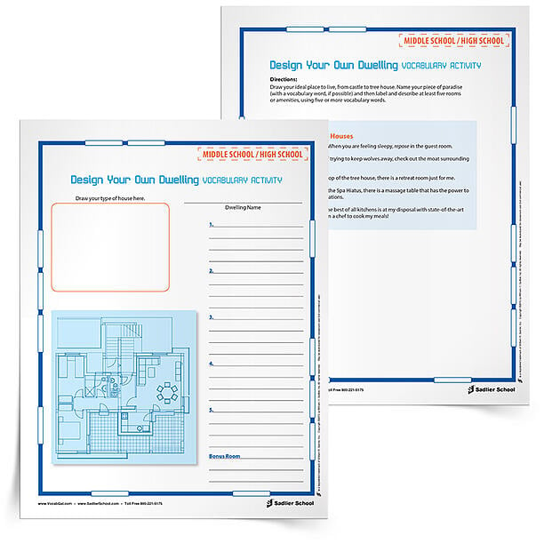 With the Design Your Own Dwelling Vocabulary Activity students will draw up their ideal place to live, from castle to tree house. Then they will use vocabulary words to label and describe aspects of their dwelling.