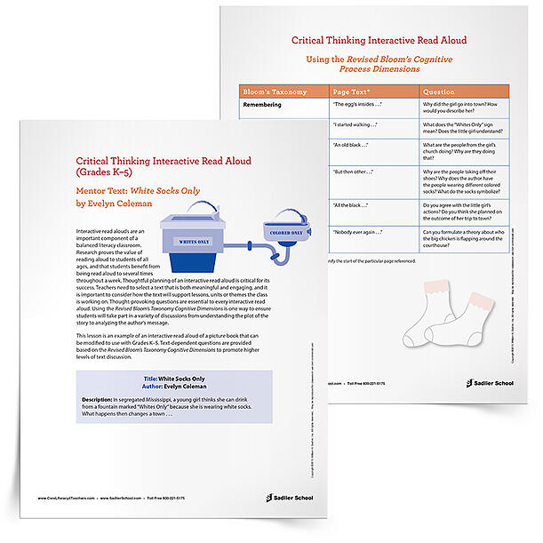 This Critical Thinking Interactive Read Aloud of White Socks Only by Evelyn Coleman provides the thought-provoking questions essential to every interactive read aloud. Your students will soon be in deep discussions, ranging from plot analysis to author’s message exploration.  