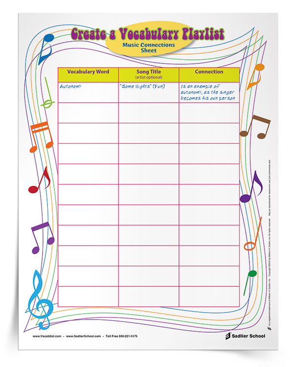 Create A Vocab Playlist Vocabulary Activity, Grades 612