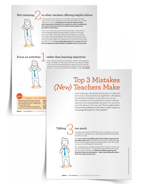 Teachers, our job is a ridiculously tough one, and there are many “do’s” and “don’t” lists out there.  Hopefully my Top 3 Mistakes Teachers Make advice makes sense, and I welcome your thoughts and comments in regards to your advice and mistakes you have made-and how hopefully you have overcome them!