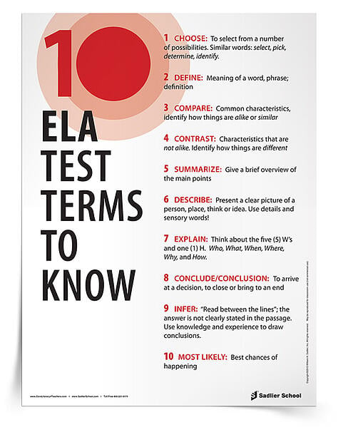 Here are 10 terms students should know heading into a standardized test (words may vary depending on your state test). Download the 10 ELA Test Terms To Know Reference Sheet and review the words with students until you're confident they understand their meaning.