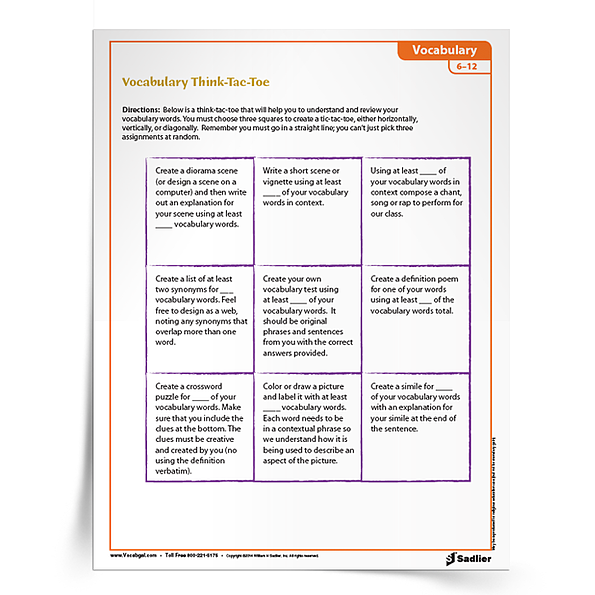 oday I’d like to share a great vocabulary activity entitled the Vocabulary Think-Tac-Toe.  This vocabulary game gives students options in regards to their own vocabulary instruction. 