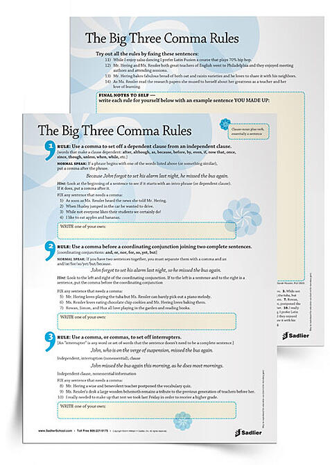 Commas, commas everywhere. But where should they really be? Comma placement can be confusing for students. This tip sheet explains the top three comma rules in simple, memorable terms.