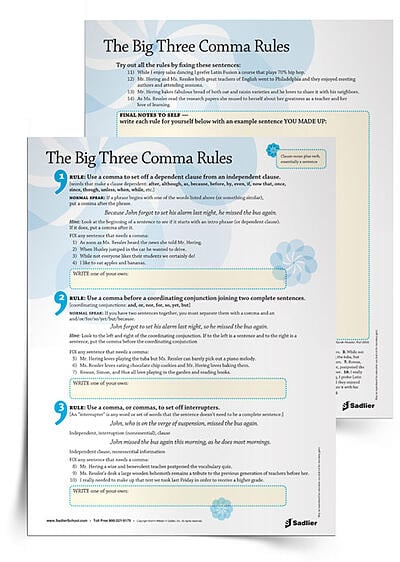 Give students The Big Three Comma Rules explained in simple, memorable terms. Then let them practice with exercises and apply to their writing.