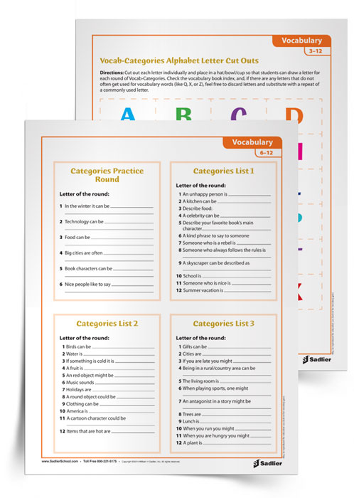 I love playing vocabulary games where students have to incorporate their vocabulary in multifarious ways. Inspired by Hasbro® Scattegories™ , the Vocab-Categories game requires students to use vocabulary creatively! My printable vocabulary game includes letter cut-outs, student instructions, vocab-category lists, and make-your-own list cards.