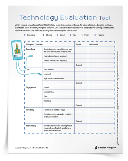 Technology in Catholic Religious Education - This Technology Evaluation Tool Rubric helps leaders, directors, catechists and teachers assess and determine the best ones for their particular setting and students!