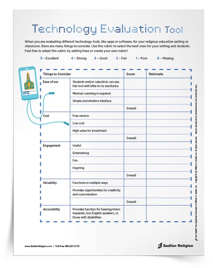 Technology in Catholic Religious Education - This Technology Evaluation Tool Rubric helps leaders, directors, catechists and teachers assess and determine the best ones for their particular setting and students!