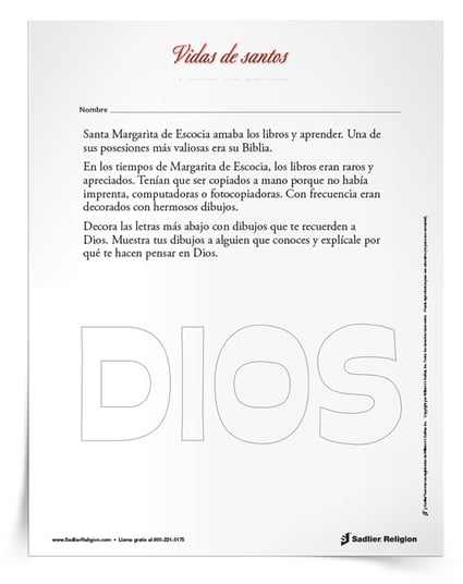 Descargue y comparta una actividad imprimible para ninos catolicos con el objetivo de celebrar el día festivo de santa Margarita de Escocia el 13 de noviembre