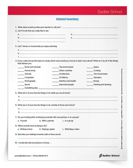 Engaging Math Lessons Interest Inventory