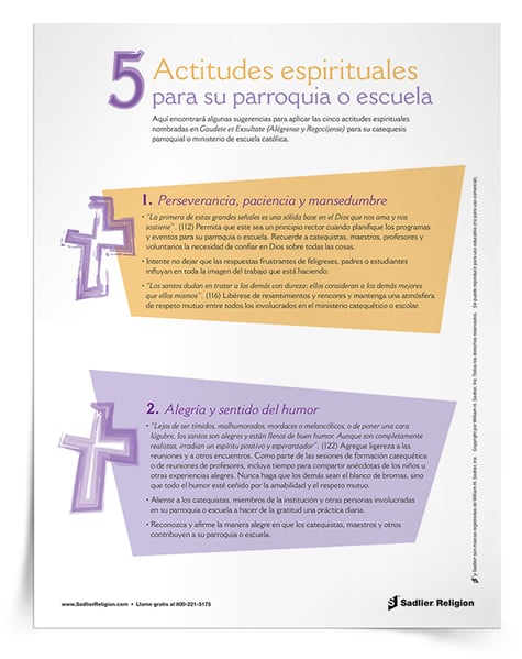 Aquí encontrará algunas sugerencias para aplicar a su ministerio de catequesis parroquial o de escuela católica las cinco actitudes espirituales nombradas en Gaudete et Exsultate (Alégrense y Regocíjense).