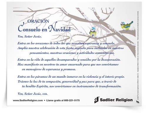 Descargue la Estampa de oración Para el consuelo en Navidad para usarla como una respuesta compasiva a aquellos cuyos corazones están llenos de tristeza, soledad, miedo y pena. Esta oración católica de Navidad es una excelente manera de iniciar una conversación con los niños sobre cómo podemos amar y apoyar a las personas durante esta temporada. 
