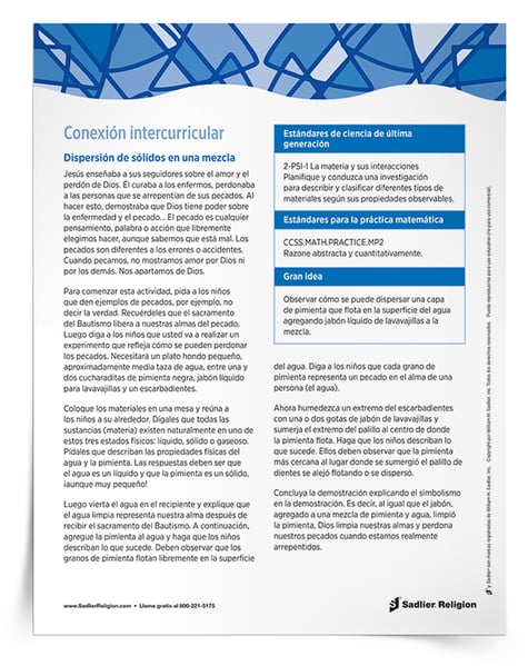 Para otra conexión intercurricular con la ciencia para una lección de educación religiosa sobre el perdón, descargue la Actividad Conexión intercurricular para compartir con maestros de primaria y catequistas. Esta descarga es ideal para maestros de escuelas católicas, pero también es una actividad divertida y práctica que los catequistas podrían hacer en una parroquia con unos pocos materiales fáciles de obtener y que involucrará a los niños.