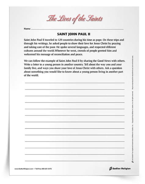Download a printable intermediate activity that encourages students to live a little more like Saint John Paul II and reach out to other young people across the world with a message of peace.