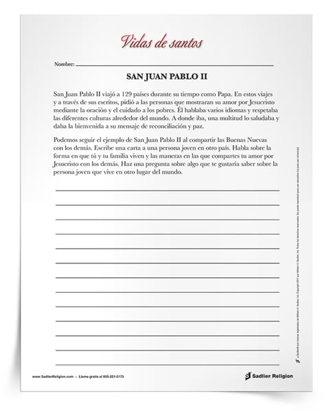 Santos contemporáneos - Descargue la actividad intermedia para imprimir que alienta a los estudiantes a vivir un poco más como el santo Juan Pablo II y a comunicarse con otras personas jóvenes alrededor del mundo con un mensaje de paz.