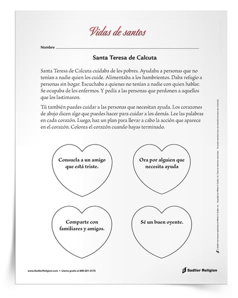 Santos contemporáneos - Descargue la actividad primaria e intermedia para celebrar la vida de Teresa de Calcuta, una santa moderna que dedicó su vida al cuidado de los desamparados en las calles de Calcuta. 