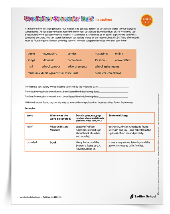 Vocabulary Scavenger Hunt Activity, Grades 1–12 (FREE Worksheets Included)