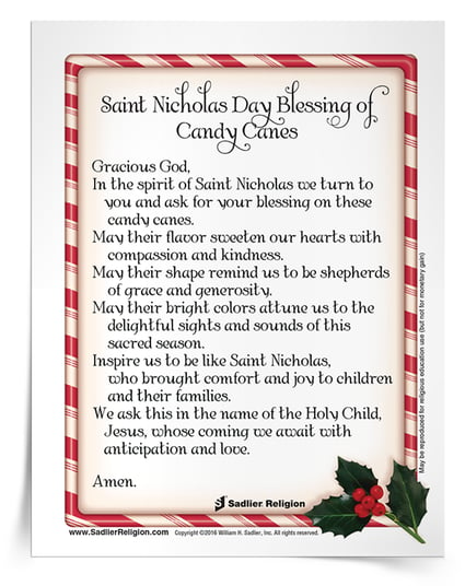 Celebrate Saint Nicholas Feast Day with a blessing and sharing of candy canes. Download the Saint Nicholas Day Blessing of Candy Canes Prayer Card in Spanish or English.