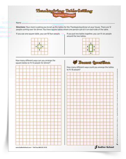 The free Thanksgiving math activities you'll find in this article include word problem worksheets, a fun shopping activity, and a table-setting perimeter worksheet.  