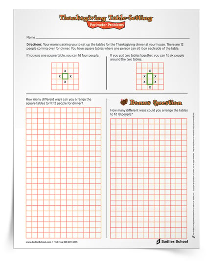The free Thanksgiving math activities you'll find in this article include word problem worksheets, a fun shopping activity, and a table-setting perimeter worksheet.  