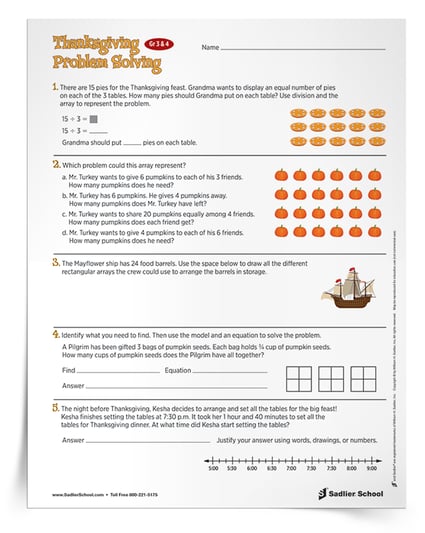 The free Thanksgiving math activities you'll find in this article include word problem worksheets, a fun shopping activity, and a table-setting perimeter worksheet.  