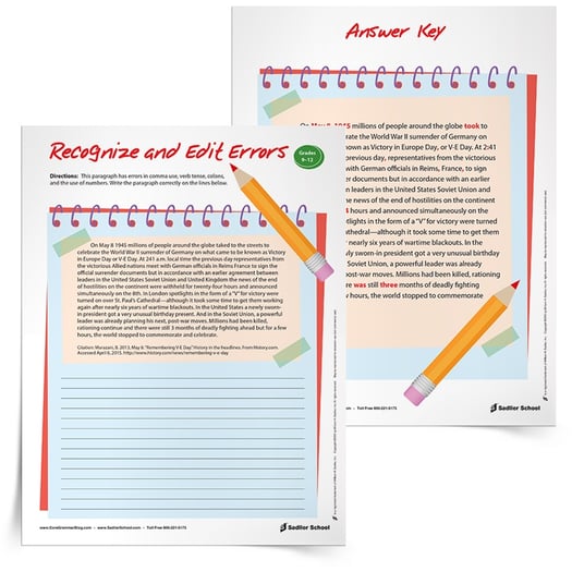 Revising and Editing Worksheets: Remembering V E Day Grades 9 12