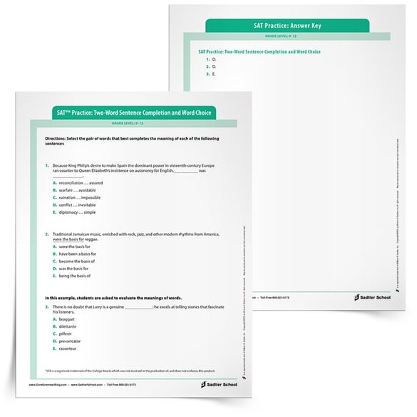 Sentence completion questions measure the knowledge of the meanings of words and the ability to understand how the different parts of a sentence fit together logically.  The sentence completion worksheet mirrors the types of sentences students will see on the ACT and SAT exams and their suite of assessments.
