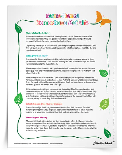 This engaging activity can be used year-round as students reinforce their language content knowledge. Download the Nature Homophone cards and Nature Homophone chart here to begin this great activity.